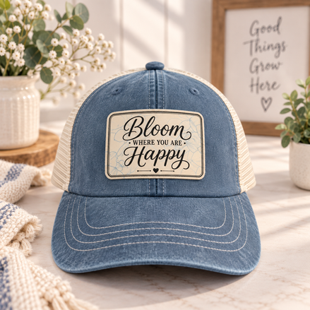 “Bloom Where You Are Happy” Floral Ponytail Trucker Hat
