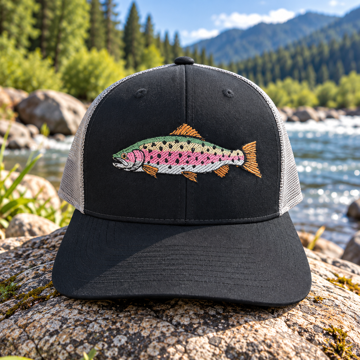 Embroidered Rainbow Trout Hat – Richardson 115 Black/Charcoal