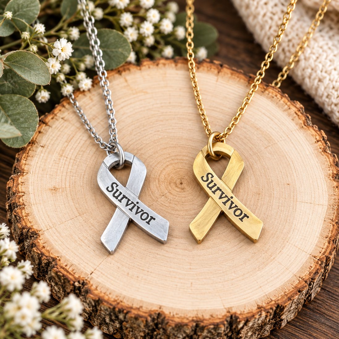 Survivor Awareness Ribbon Necklace, Laser Engraved Stainless Steel Pendant, Cancer Survivor Gift, Silver or Gold, Support Jewelry