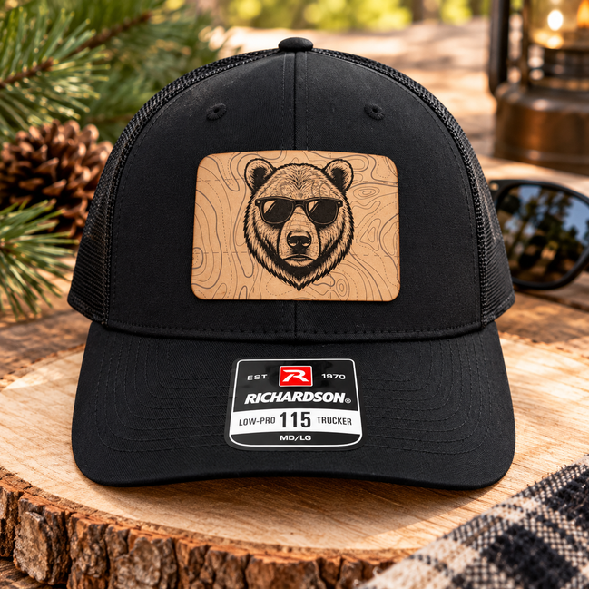 Bear Hat, Bear Trucker Hat, Richardson 112 Hat, Bear with Sunglasses, Leatherette Patch Hat, Outdoorsman Gift for Men