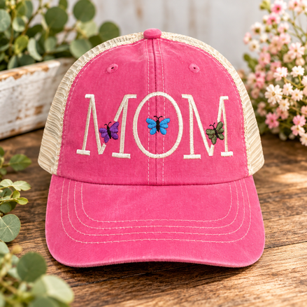 Embroidered Butterfly Mom Trucker Hat – Pink & Cream