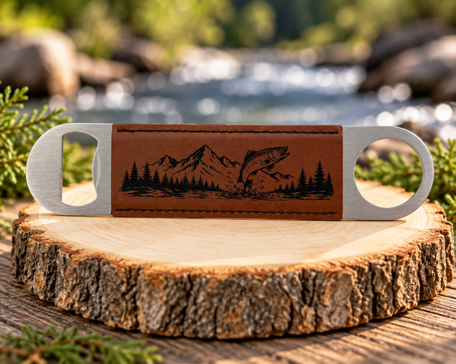 Fly Fishing Bottle Opener, Laser Engraved Leatherette Opener, Fly Fisherman Gift, Fishing Gift for Men, Angler Gift, Mountain River Gift
