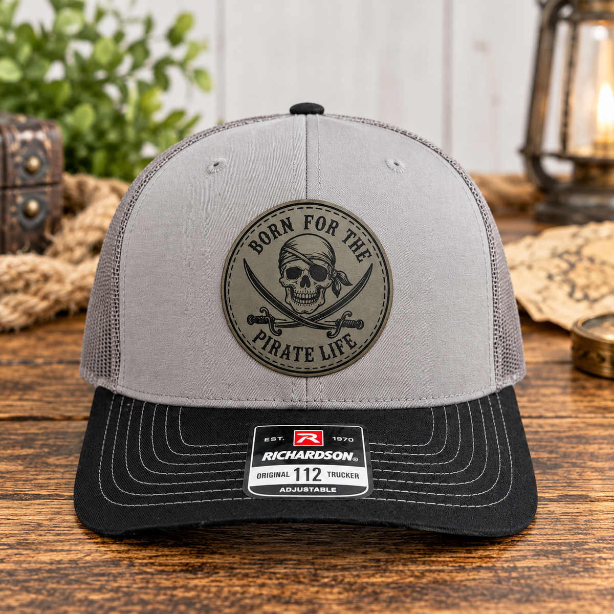 Pirate Hat, Jolly Roger Trucker Hat, Richardson 112 Hat, Skull and Crossbones Hat, Leather Patch Hat, Pirate Gift for Men