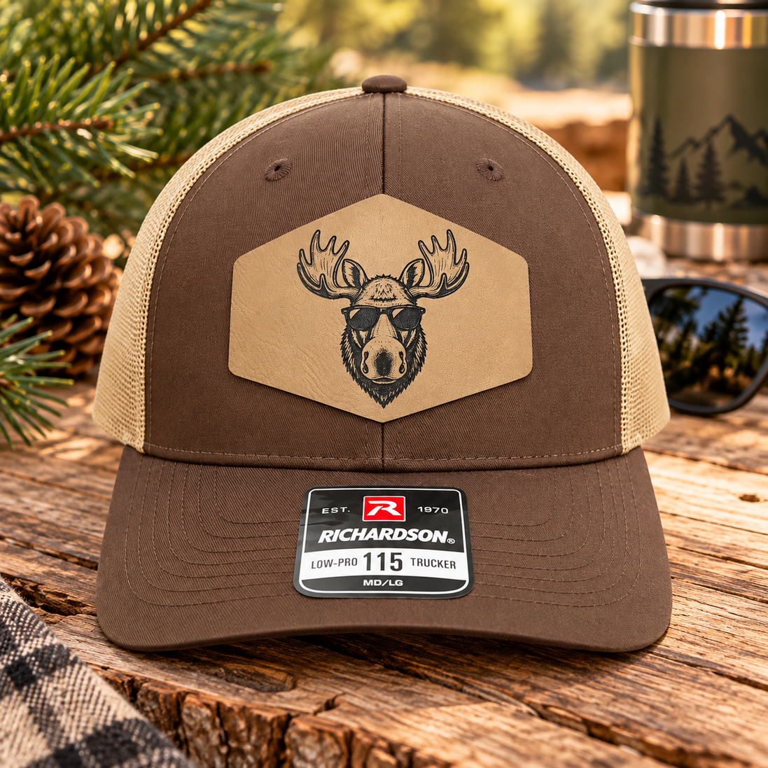 Moose Hat, Richardson 115 Trucker Hat, Moose with Sunglasses Hat, Leatherette Patch Hat, Outdoorsman Gift for Men