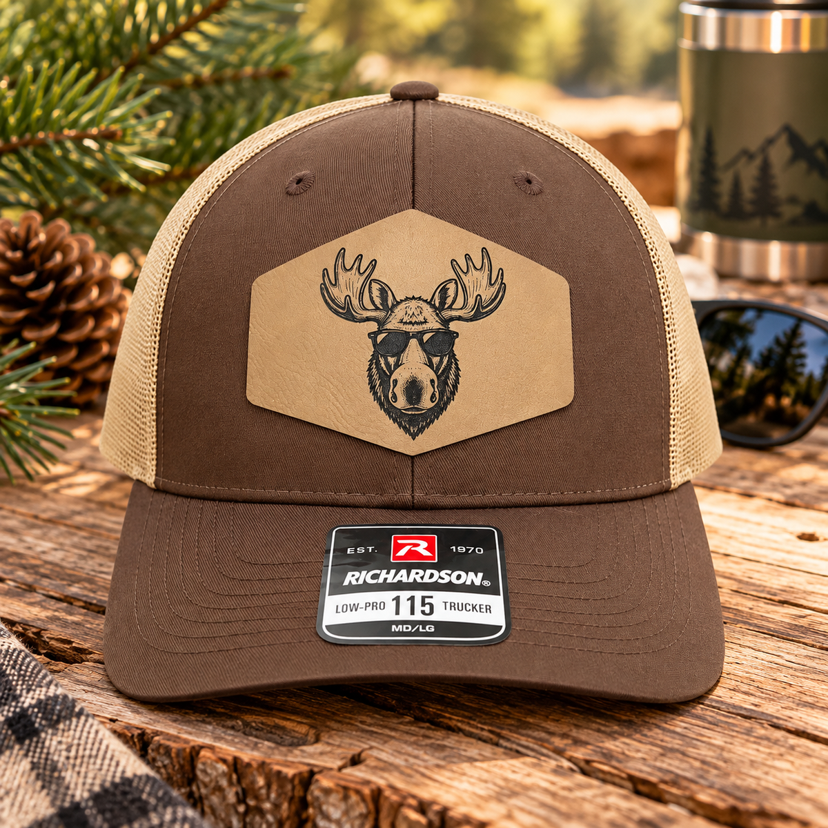 Moose Hat, Richardson 115 Trucker Hat, Moose with Sunglasses Hat, Leatherette Patch Hat, Outdoorsman Gift for Men