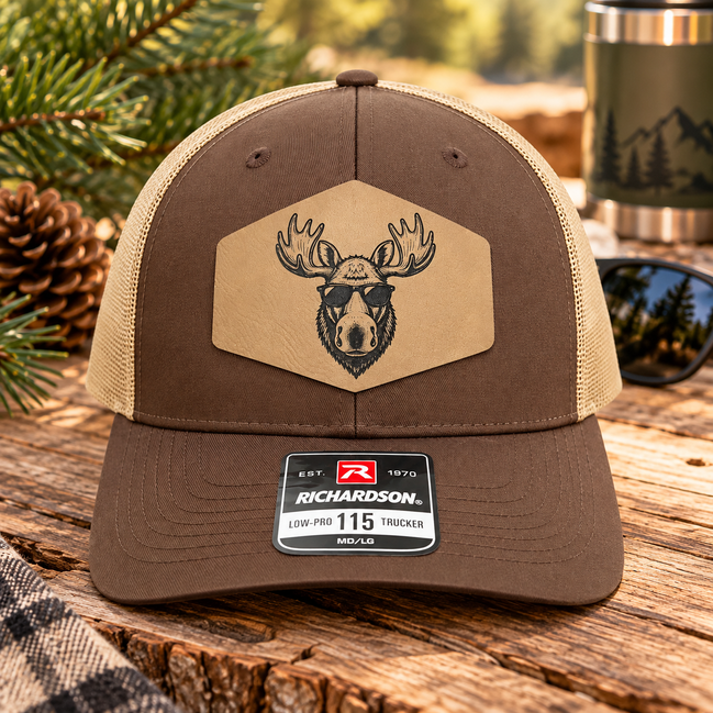 Moose Hat, Richardson 115 Trucker Hat, Moose with Sunglasses Hat, Leatherette Patch Hat, Outdoorsman Gift for Men