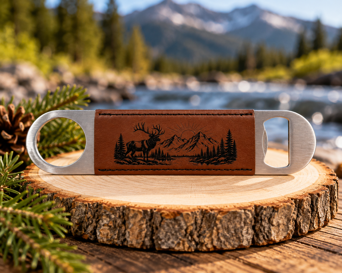 Elk Bottle Opener, Laser Engraved Leatherette Opener, Elk Hunter Gift, Mountain Wildlife Gift, Hunting Gift for Men, Outdoorsman Gift