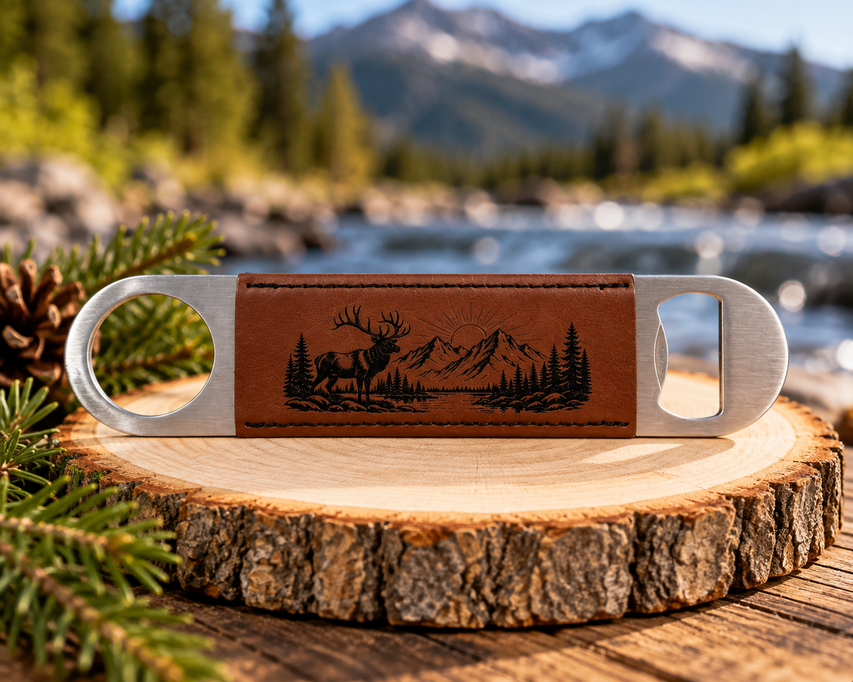 Elk Bottle Opener, Laser Engraved Leatherette Opener, Elk Hunter Gift, Mountain Wildlife Gift, Hunting Gift for Men, Outdoorsman Gift