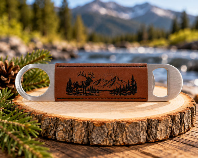 Elk Bottle Opener, Laser Engraved Leatherette Opener, Elk Hunter Gift, Mountain Wildlife Gift, Hunting Gift for Men, Outdoorsman Gift
