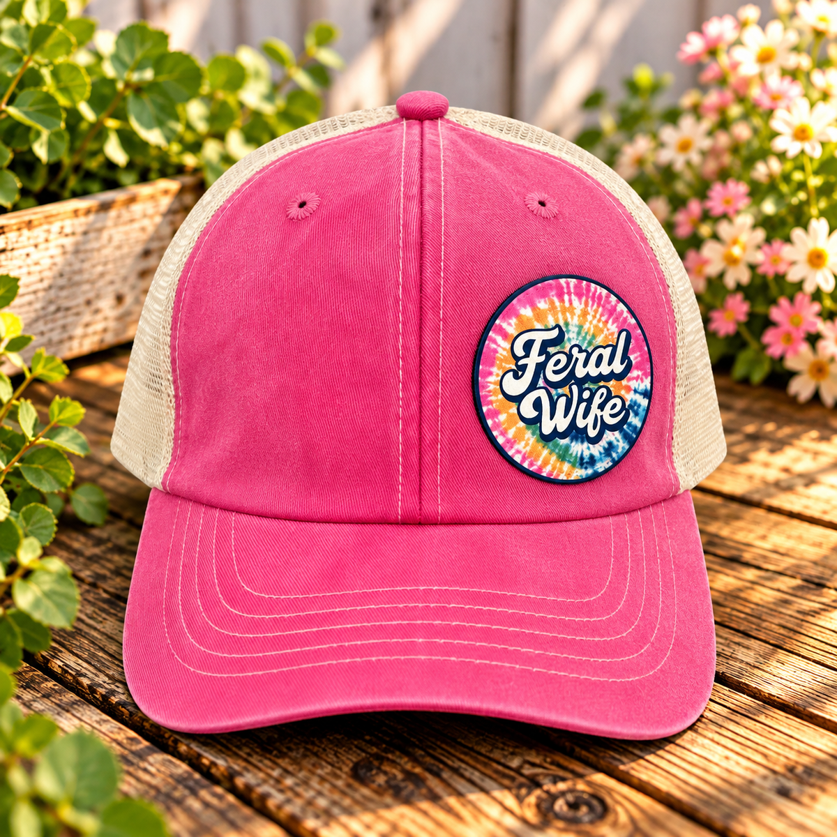 Feral Wife Trucker Hat – Pink Tie-Dye Patch Cap