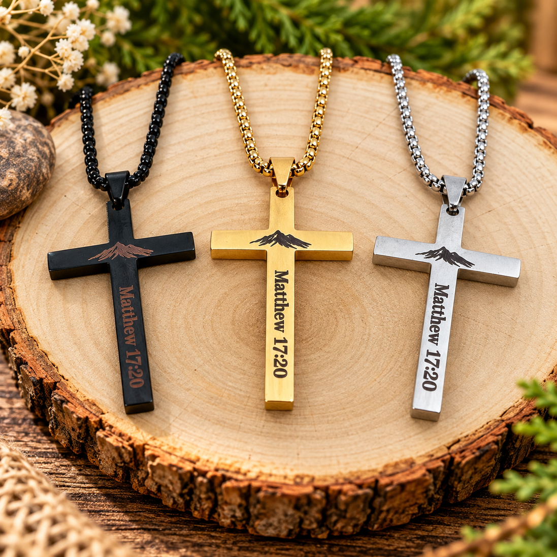 Matthew 17:20 Cross Necklace for Men – Engraved Stainless Steel