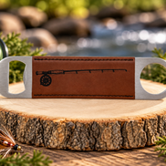 Fly Fishing Bottle Opener, Laser Engraved Leatherette Opener, Fly Fisherman Gift, Angler Gift, Fishing Gift for Men, Rod and Reel Gift