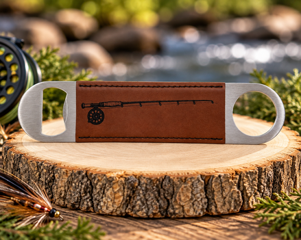 Fly Fishing Bottle Opener, Laser Engraved Leatherette Opener, Fly Fisherman Gift, Angler Gift, Fishing Gift for Men, Rod and Reel Gift