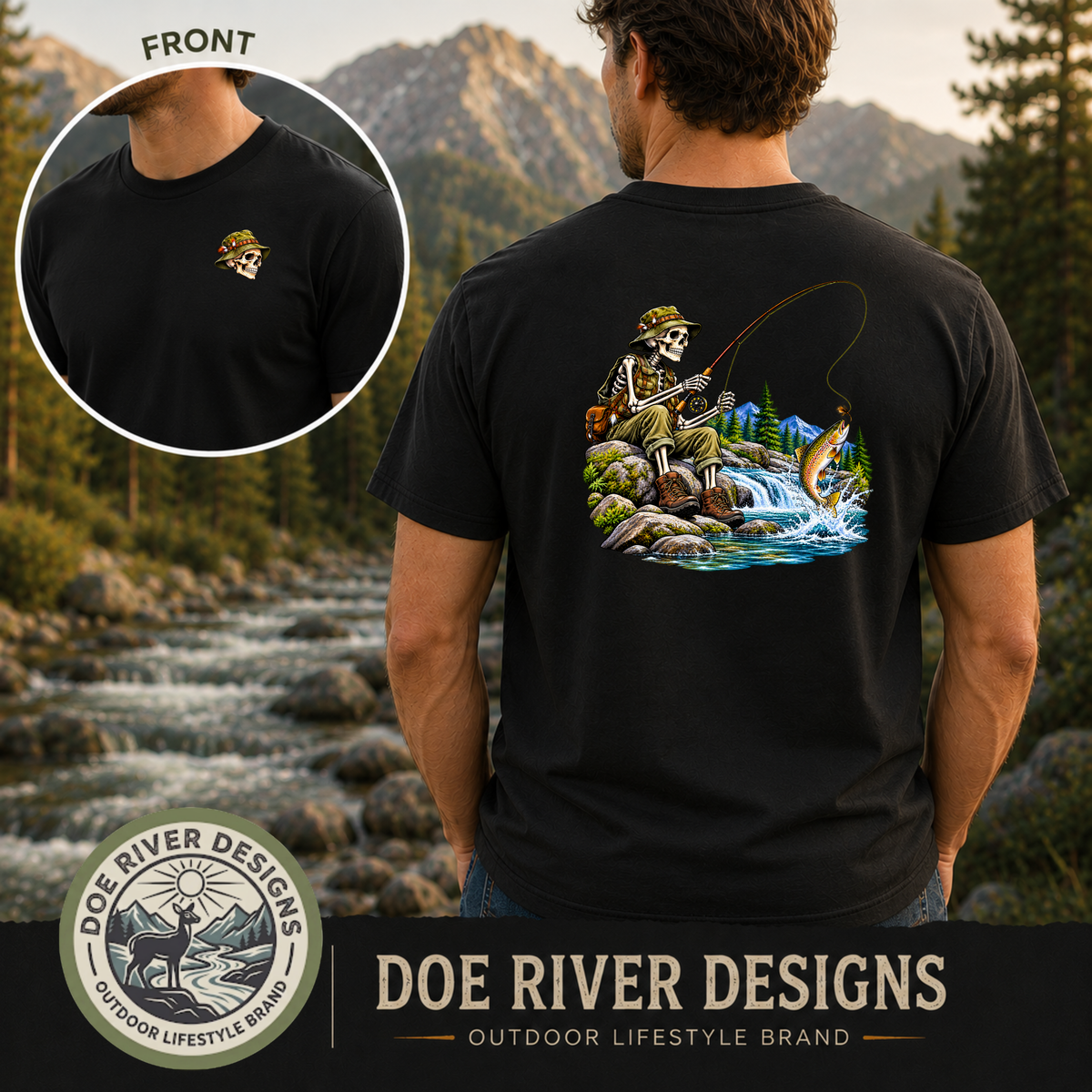 Skeleton Fly Fishing T-Shirt or Sweatshirt | Front & Back Graphic