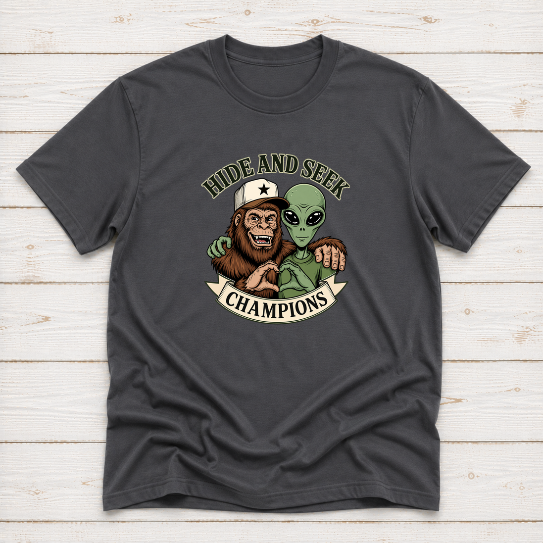 Bigfoot & Alien Hide and Seek | Funny Graphic T-Shirt or Sweatshirt