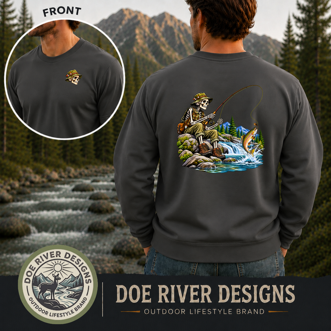 Skeleton Fly Fishing T-Shirt or Sweatshirt | Front & Back Graphic