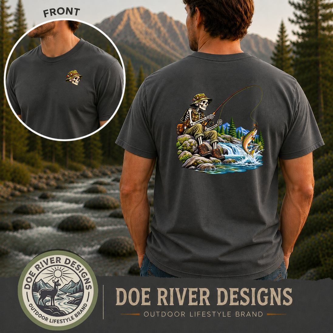 Skeleton Fly Fishing T-Shirt or Sweatshirt | Front & Back Graphic