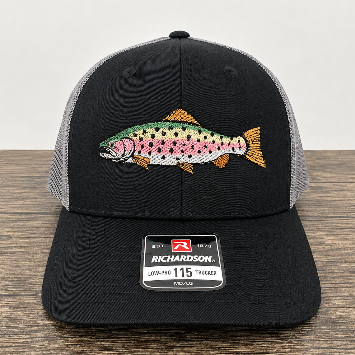 Embroidered Rainbow Trout Hat – Richardson 115 Black/Charcoal