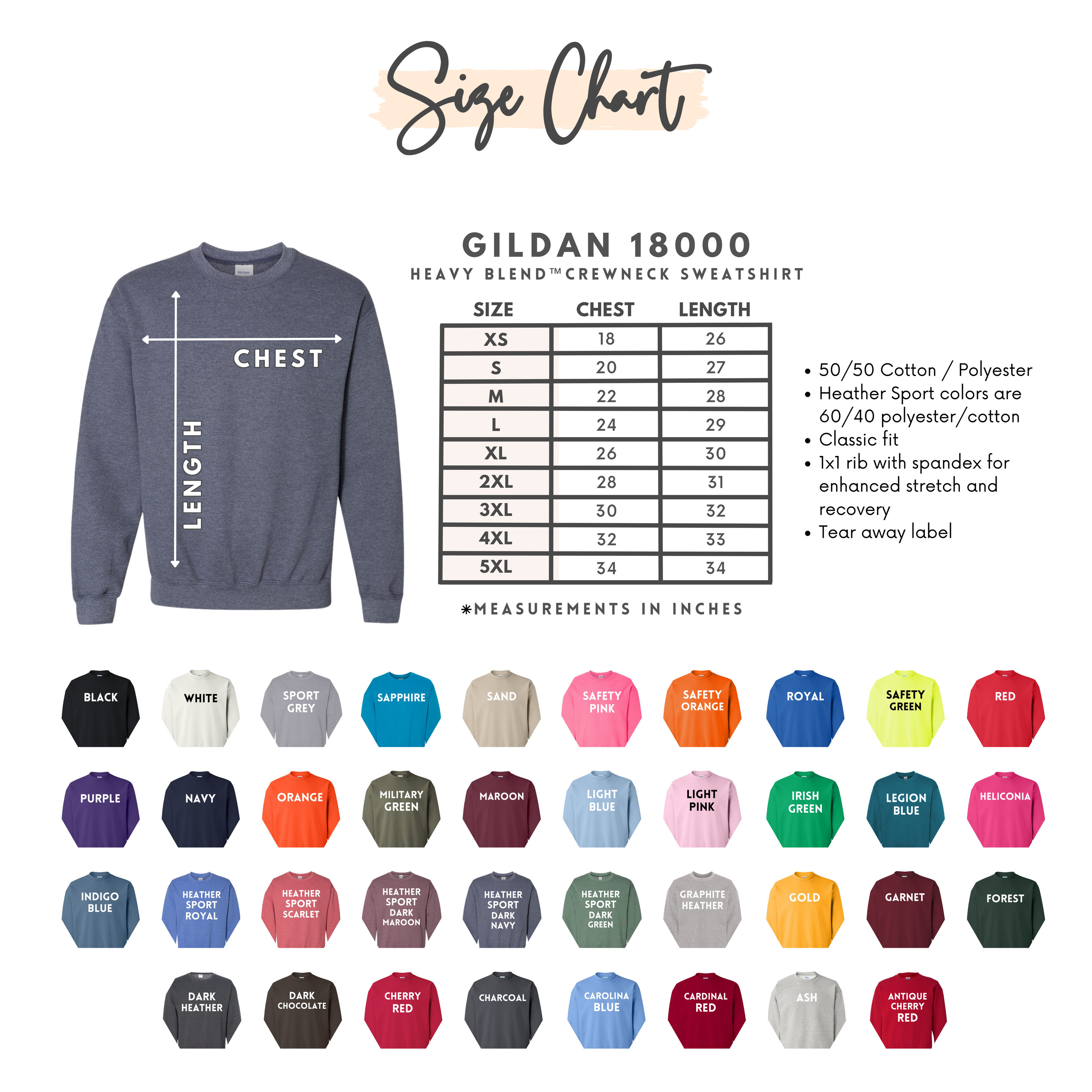 Gildan 18000 sweatshirt size chart with color swatches on a white background