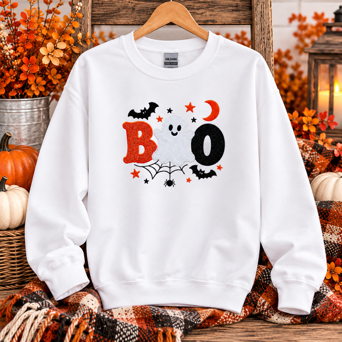 Embroidered BOO Halloween Sweatshirt | Cute Ghost Crewneck | Fall Sweatshirt