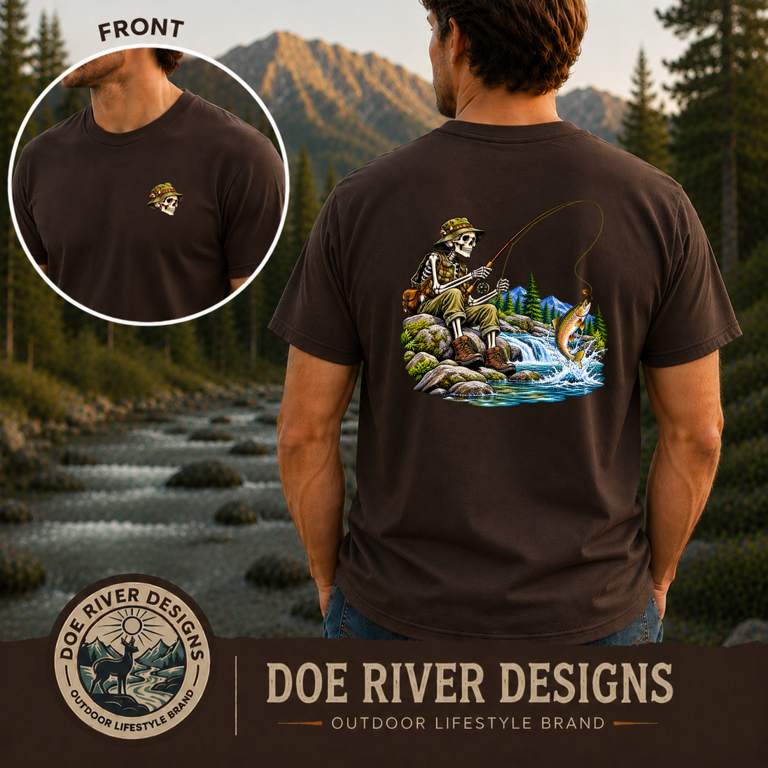 Skeleton Fly Fishing T-Shirt or Sweatshirt | Front & Back Graphic
