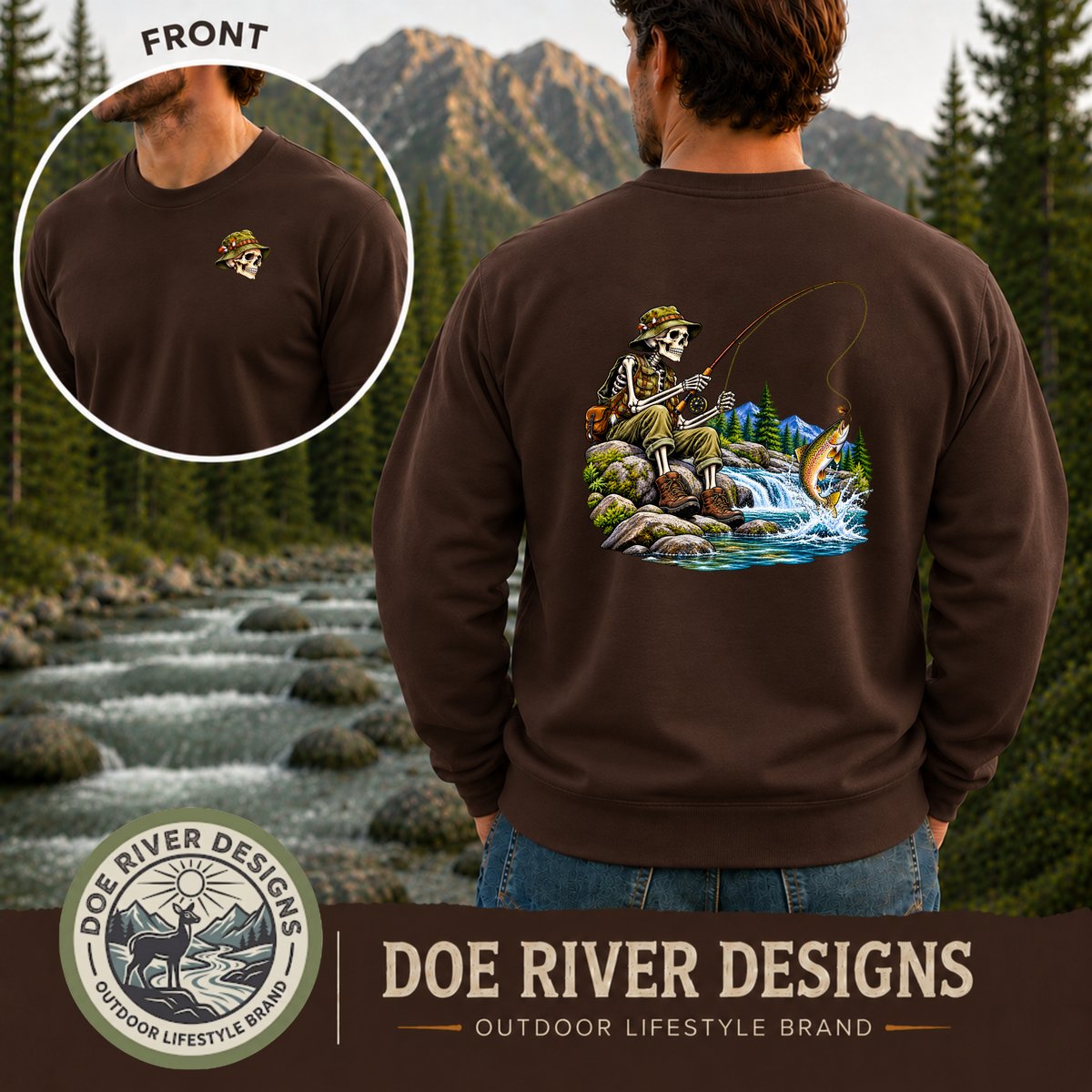 Skeleton Fly Fishing T-Shirt or Sweatshirt | Front & Back Graphic