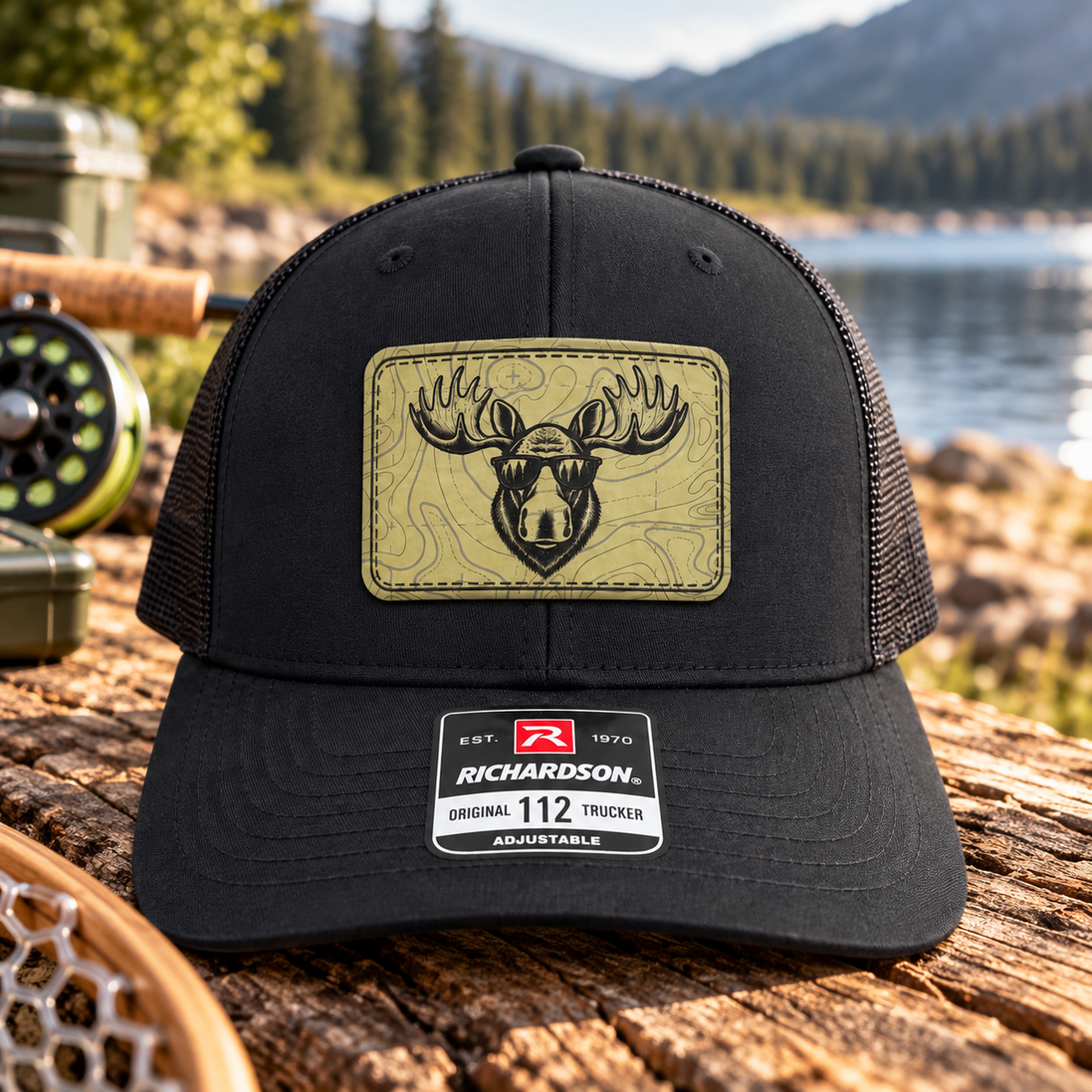 Moose Hat, Moose Trucker Hat, Richardson 112 Hat, Moose with Sunglasses, Leather Patch Hat, Outdoorsman Gift for Men
