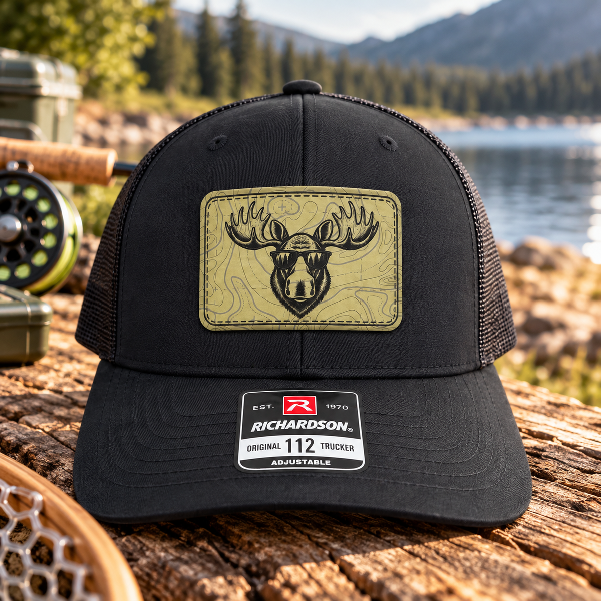 Moose Hat, Moose Trucker Hat, Richardson 112 Hat, Moose with Sunglasses, Leather Patch Hat, Outdoorsman Gift for Men