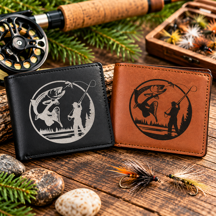 Fly Fishing Scene Engraved RFID Wallet with Gift Box
