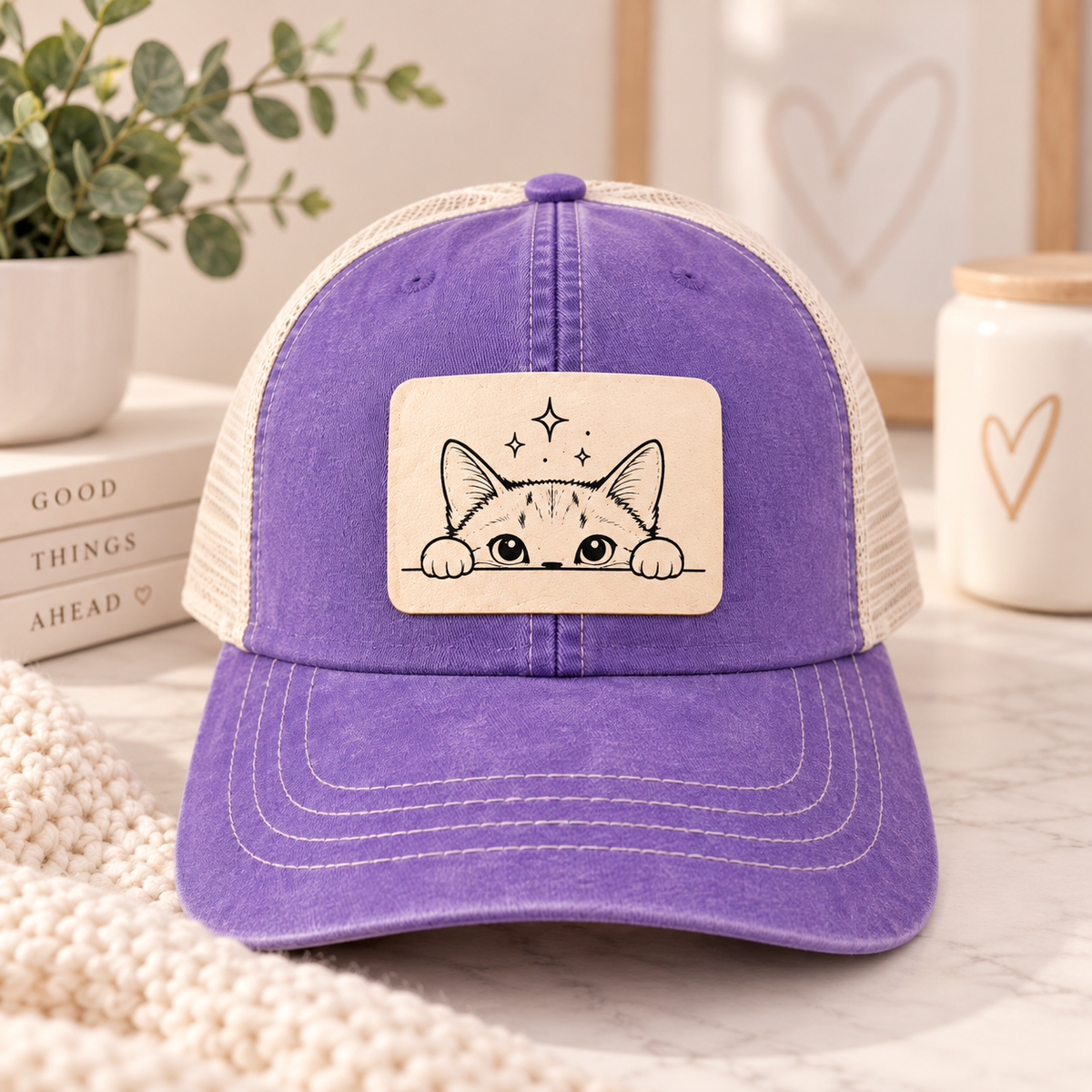 Women's Purple Peeking Cat Ponytail Trucker Hat