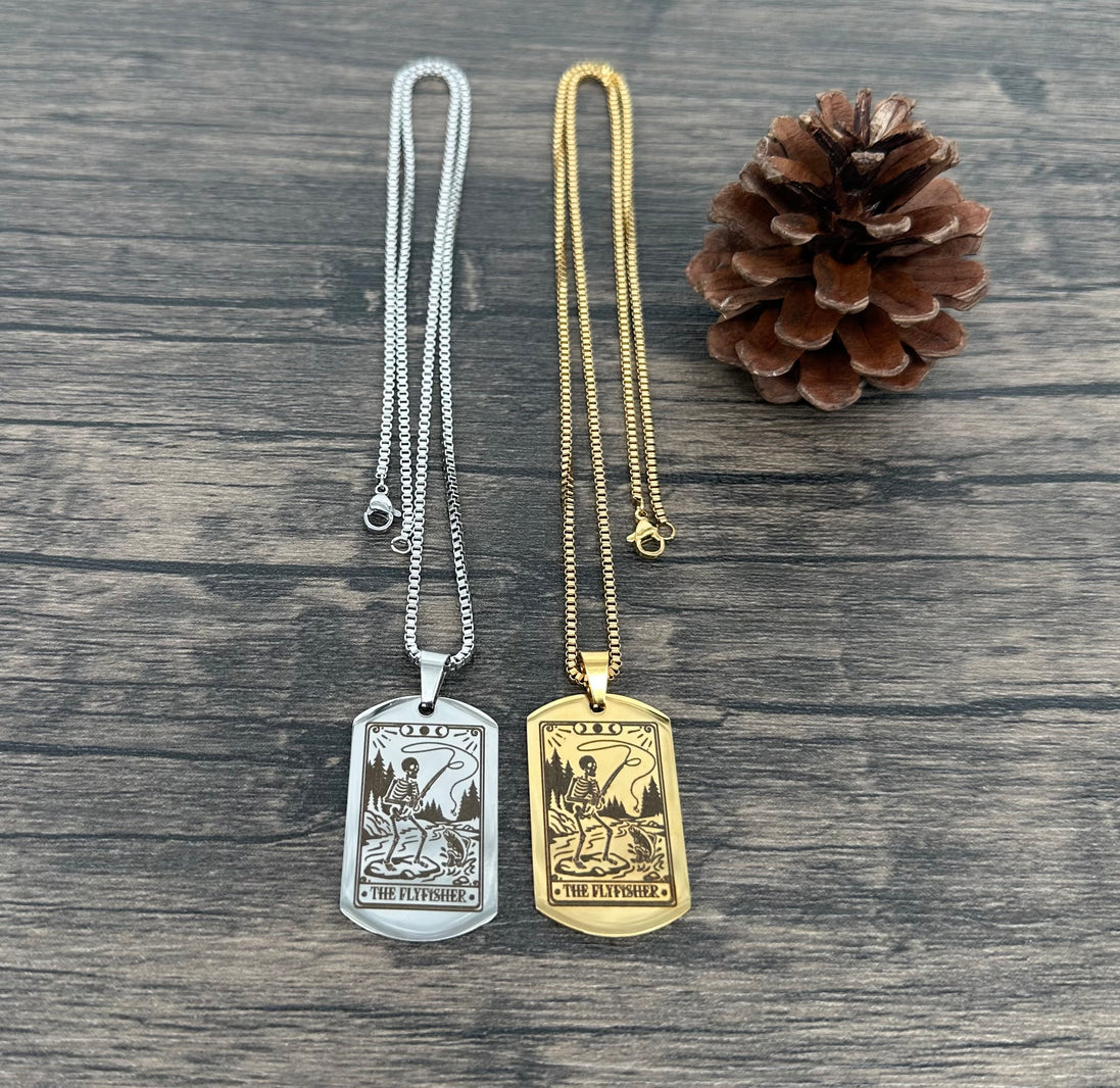 The Flyfisher Laser Engraved Dog Tag Necklace-Choice of Gold Tone or Silver Tone