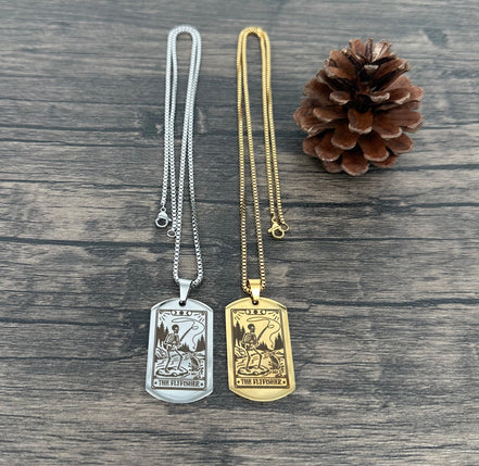 The Flyfisher Laser Engraved Dog Tag Necklace-Choice of Gold Tone or Silver Tone
