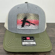 Gray and green Richardson 112 hat with a fly fishing rainbow trout patch
