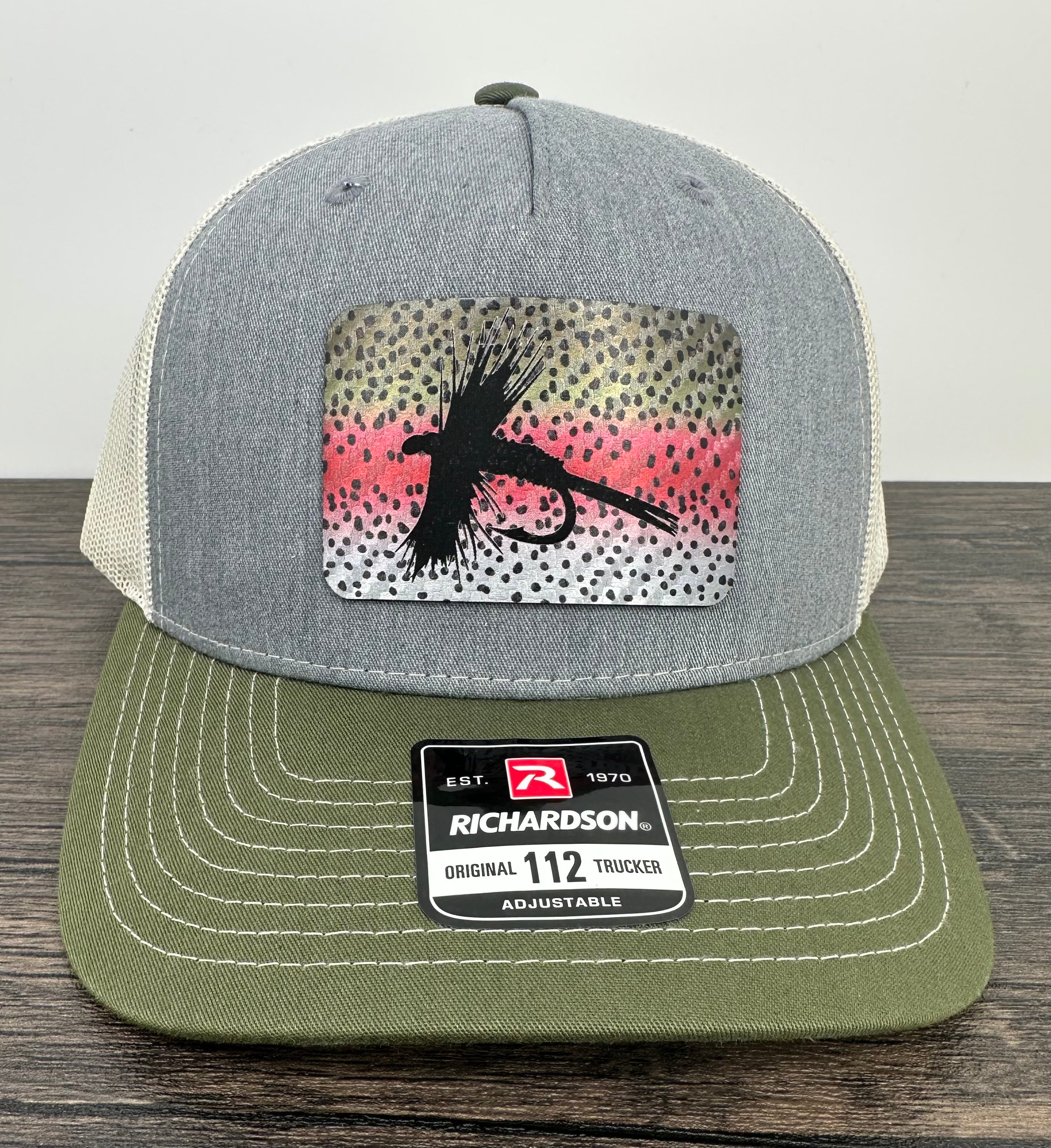 Gray and green Richardson 112 hat with a fly fishing rainbow trout patch