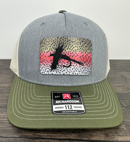 Gray and green Richardson 112 hat with a fly fishing rainbow trout patch