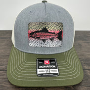 Rainbow trout fly fishing hat with laser engraved trout outline on a grey and green hat