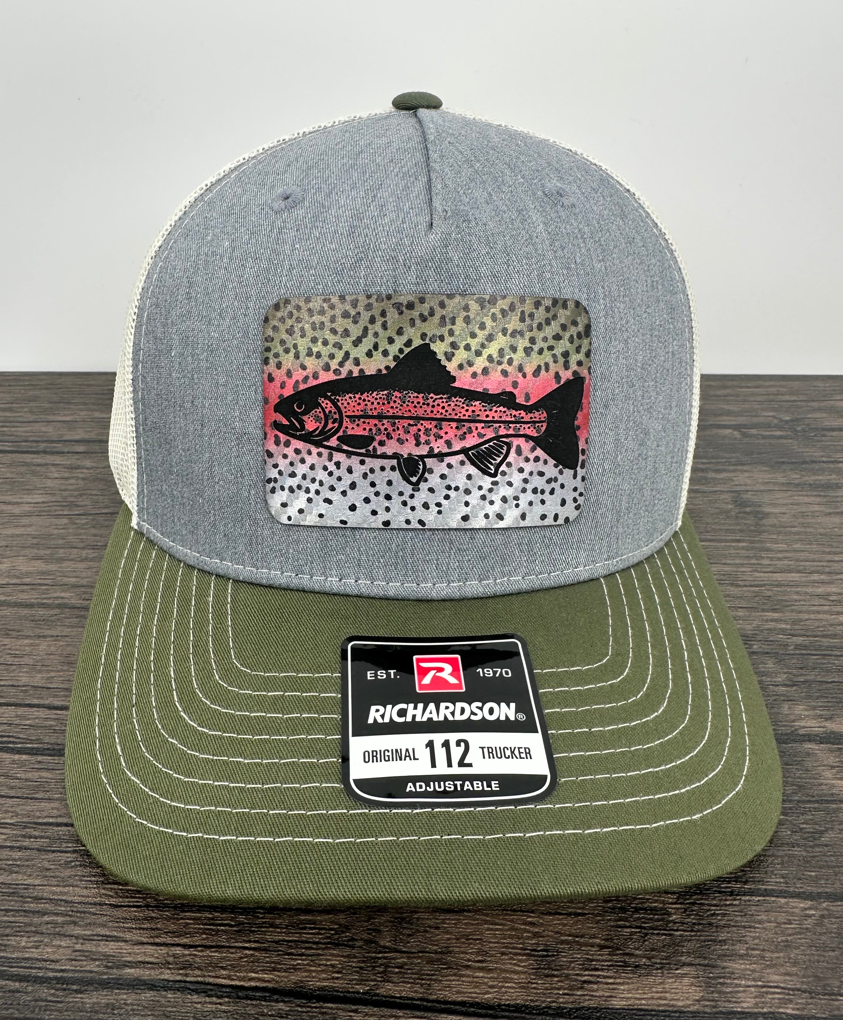 Rainbow trout fly fishing hat with laser engraved trout outline on a grey and green hat
