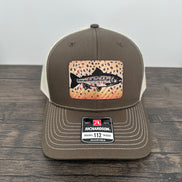 Brown and beige brown trout fly fishing hat featuring a laser engraved trout outline on a printed brown trout patch