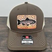 Brown and beige brown trout fly fishing hat featuring a laser engraved trout outline on a printed brown trout patch