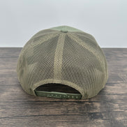 Loden green hat back view of the moose wearing sunglasses patch hat