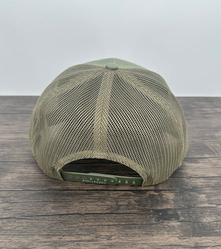 Loden green hat back view of the moose wearing sunglasses patch hat