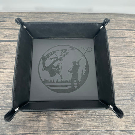 Black leatherette valet  tray with engraved fly fishing design