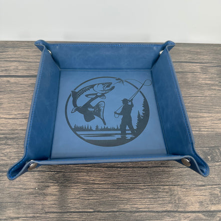 Blue leatherette fly fishing valet tray with a trout and a fly fisherman laser engraved