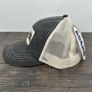 Gray and cream colored hat side view of the peace love jeep hat