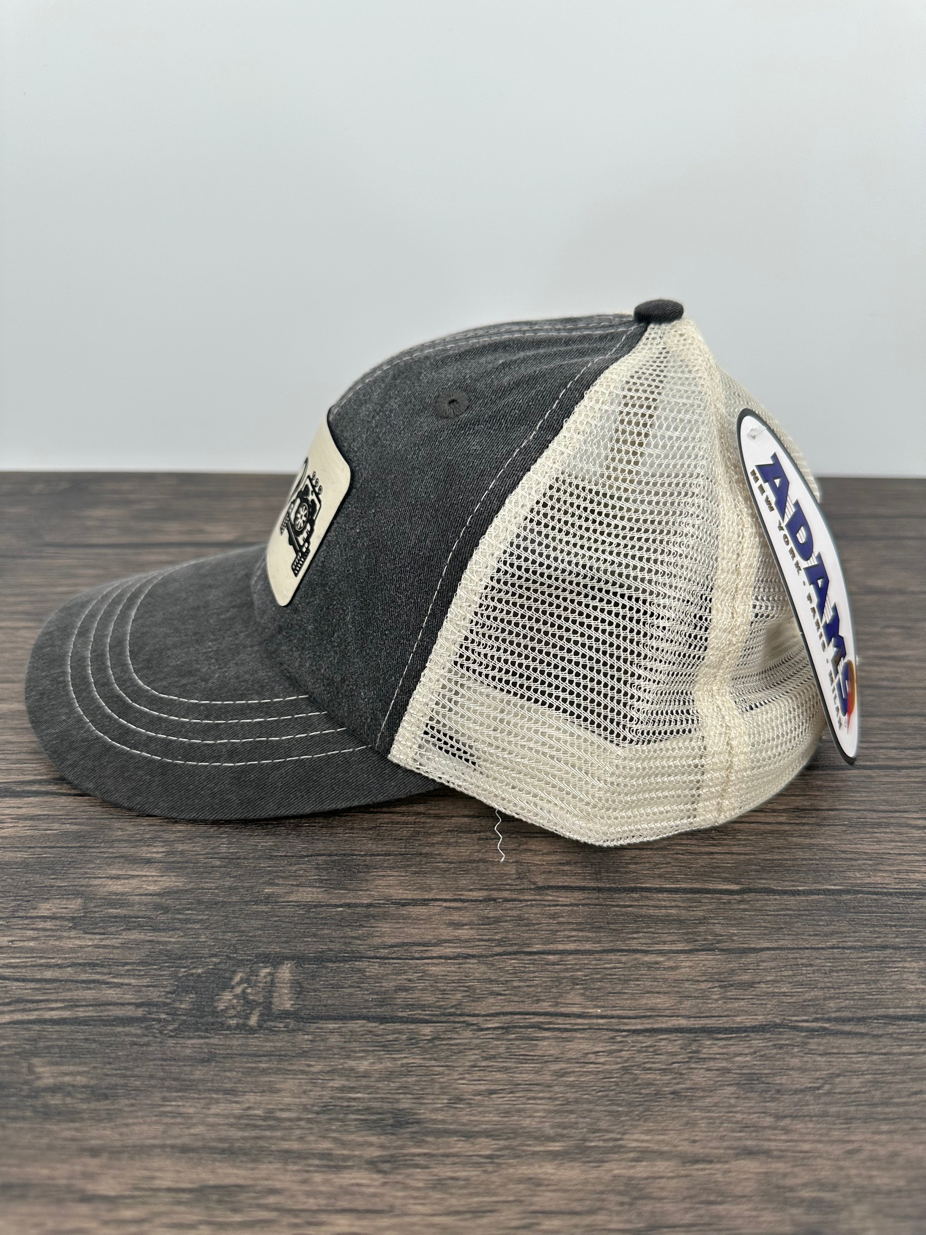 Gray and cream colored hat side view of the peace love jeep hat