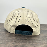 Back view of the sand and blue hat with jumping bass patch