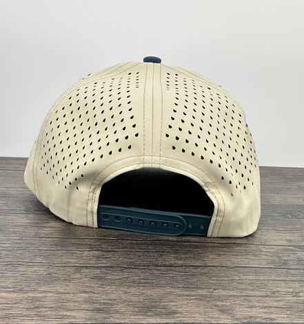 Back view of the sand and blue hat with jumping bass patch