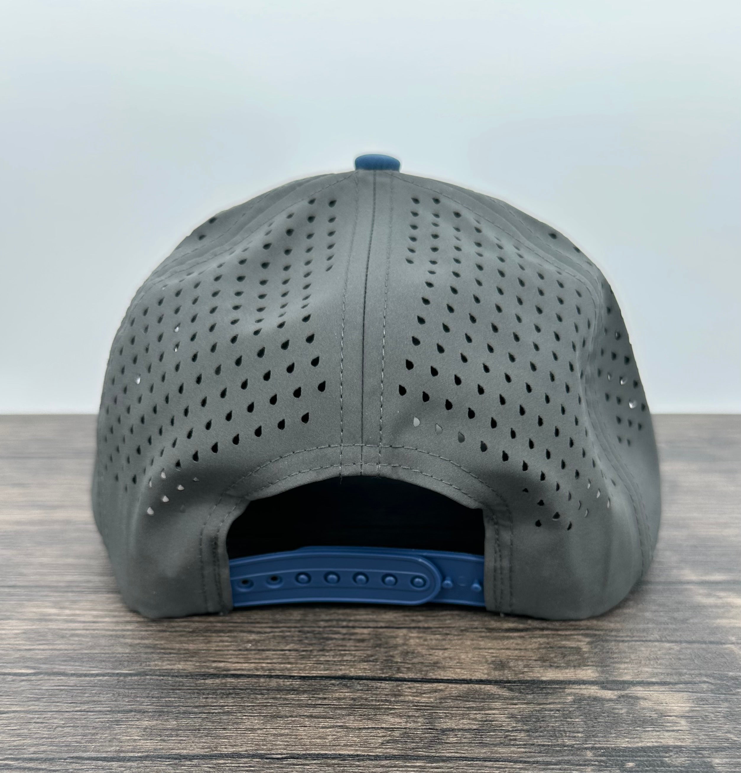 Gray and blue hat don’t tread on me back view