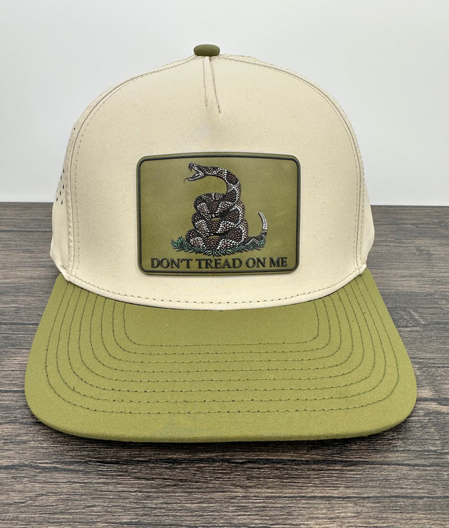 Beige and green cap with 'Don't Tread on Me' patch hat
