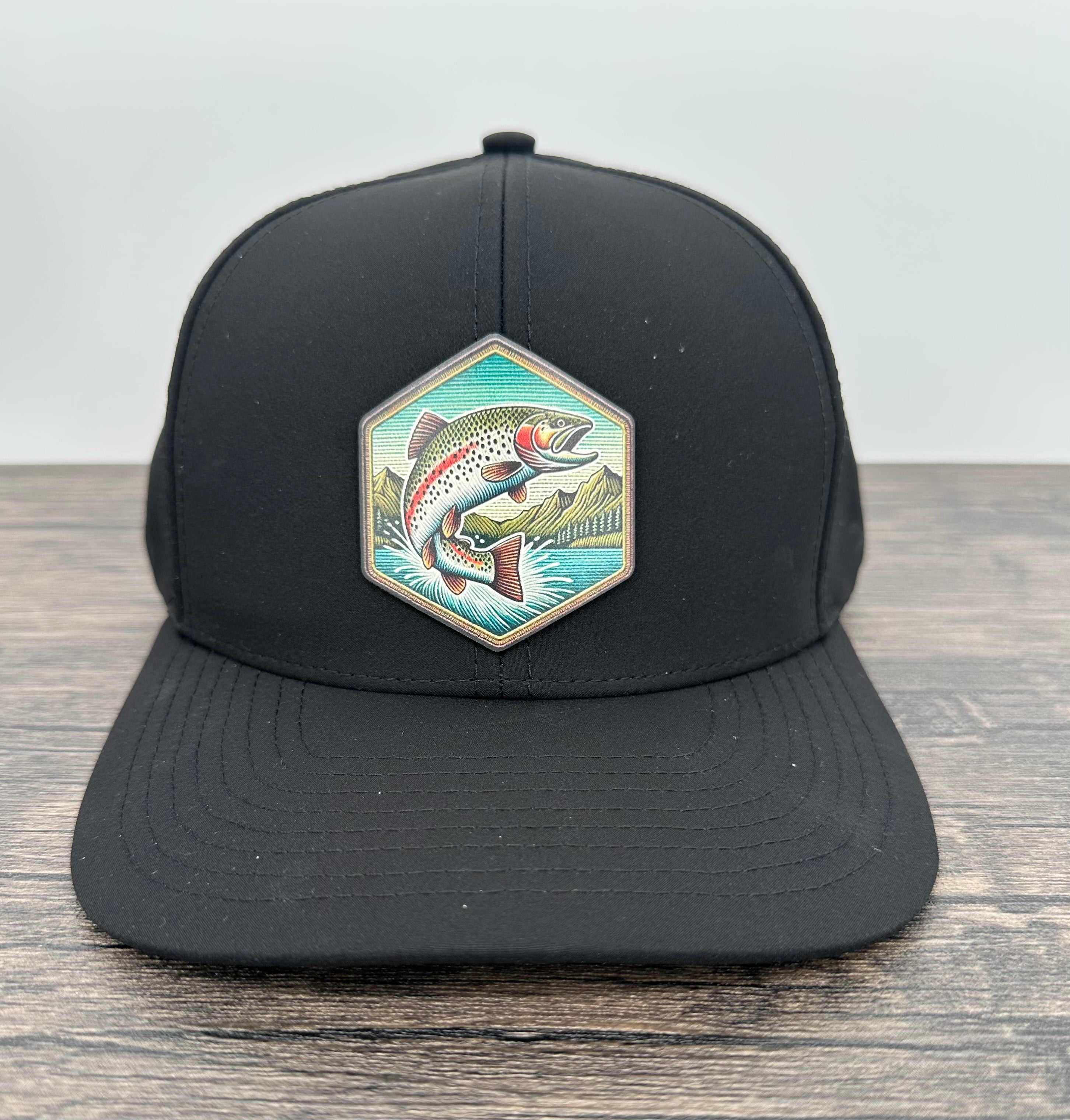 Black cap with a colorful rainbow trout patch